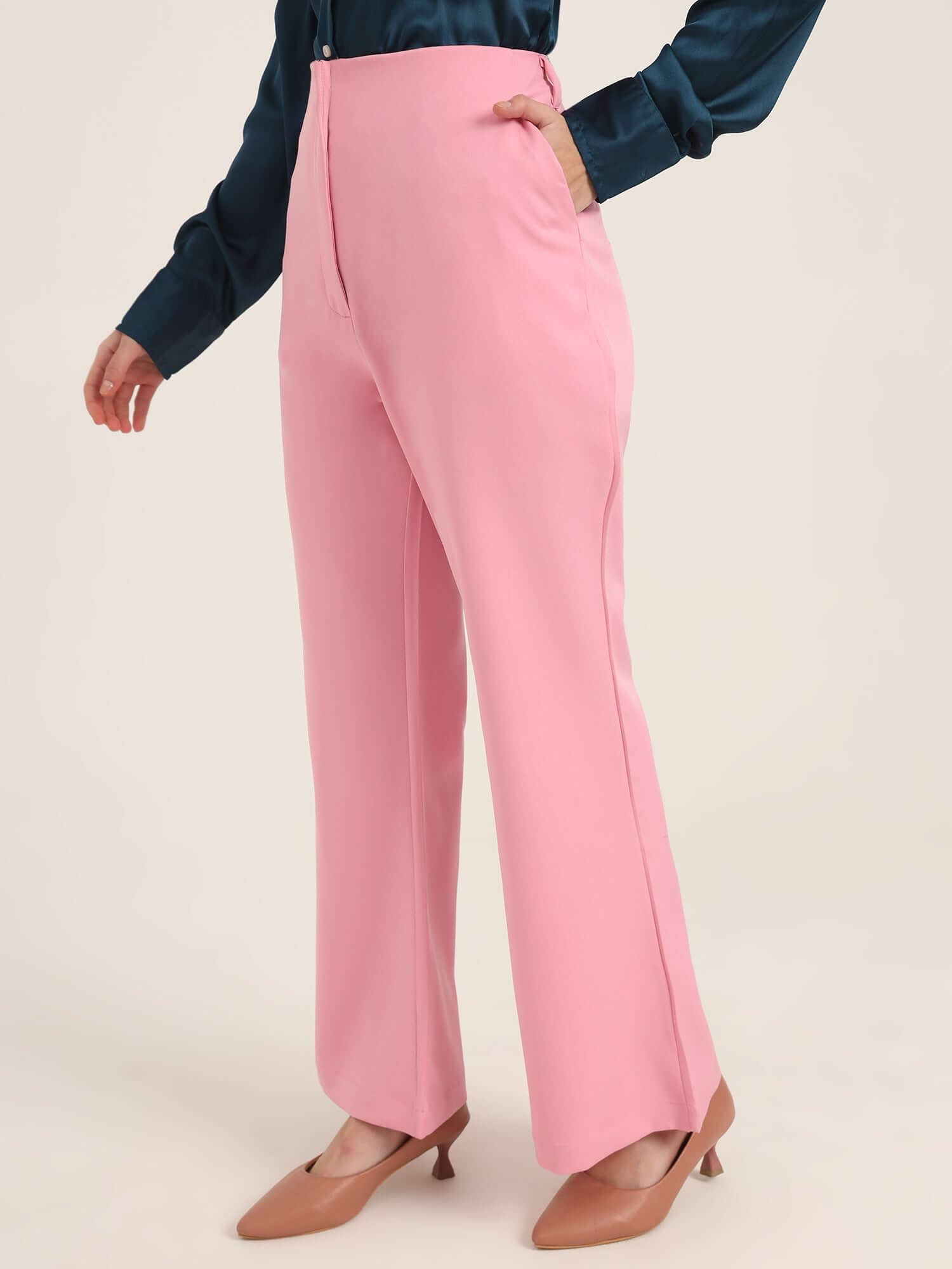 WOMEN'S LUXURY BANANA CREPE ROSE PINK FLARED TROUSER WITH SLASH POCKET