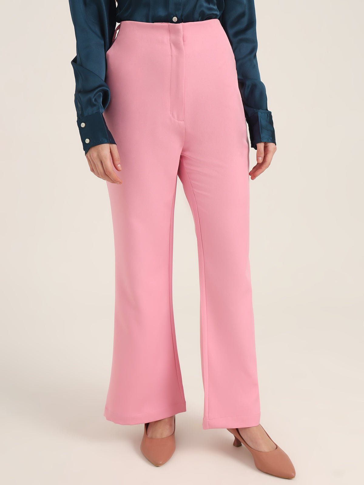 WOMEN'S LUXURY BANANA CREPE ROSE PINK FLARED TROUSER WITH SLASH POCKET