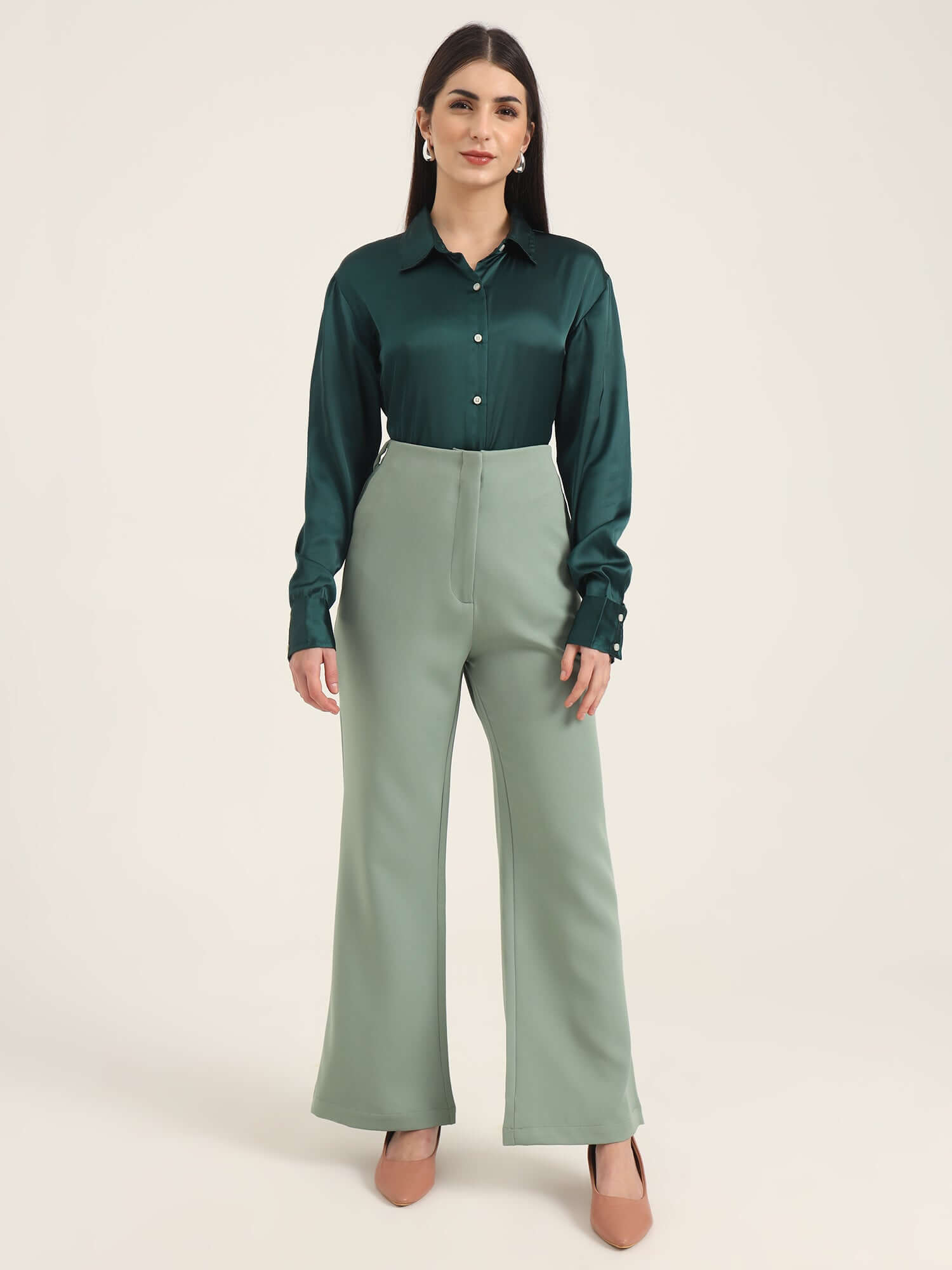 WOMEN'S LUXURY BANANA CREPE SAGE GREEN FLARED TROUSER WITH SLASH POCKET