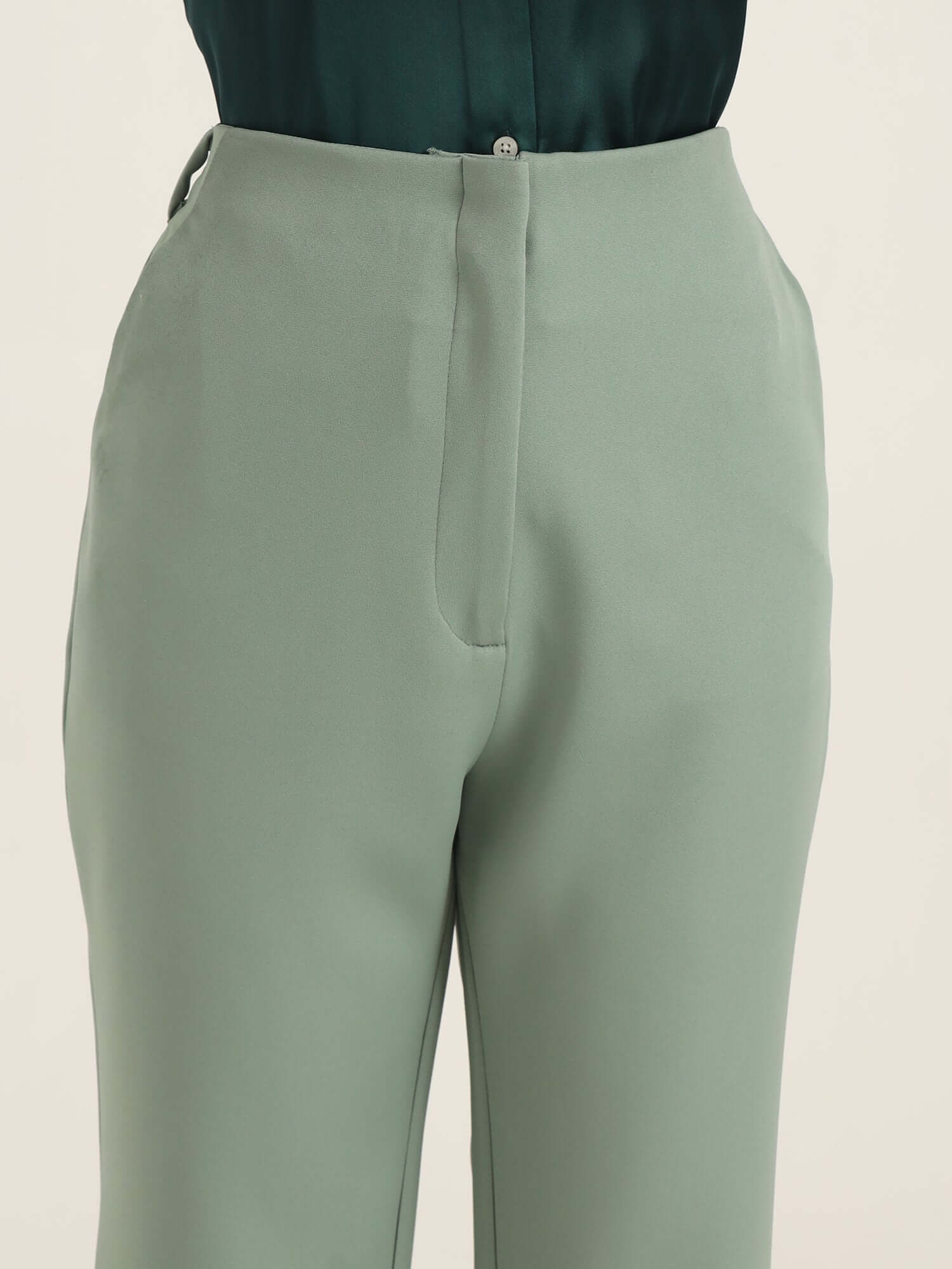 WOMEN'S LUXURY BANANA CREPE SAGE GREEN FLARED TROUSER WITH SLASH POCKET