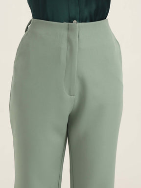 WOMEN'S LUXURY BANANA CREPE SAGE GREEN FLARED TROUSER WITH SLASH POCKET