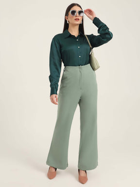 WOMEN'S LUXURY BANANA CREPE SAGE GREEN FLARED TROUSER WITH SLASH POCKET