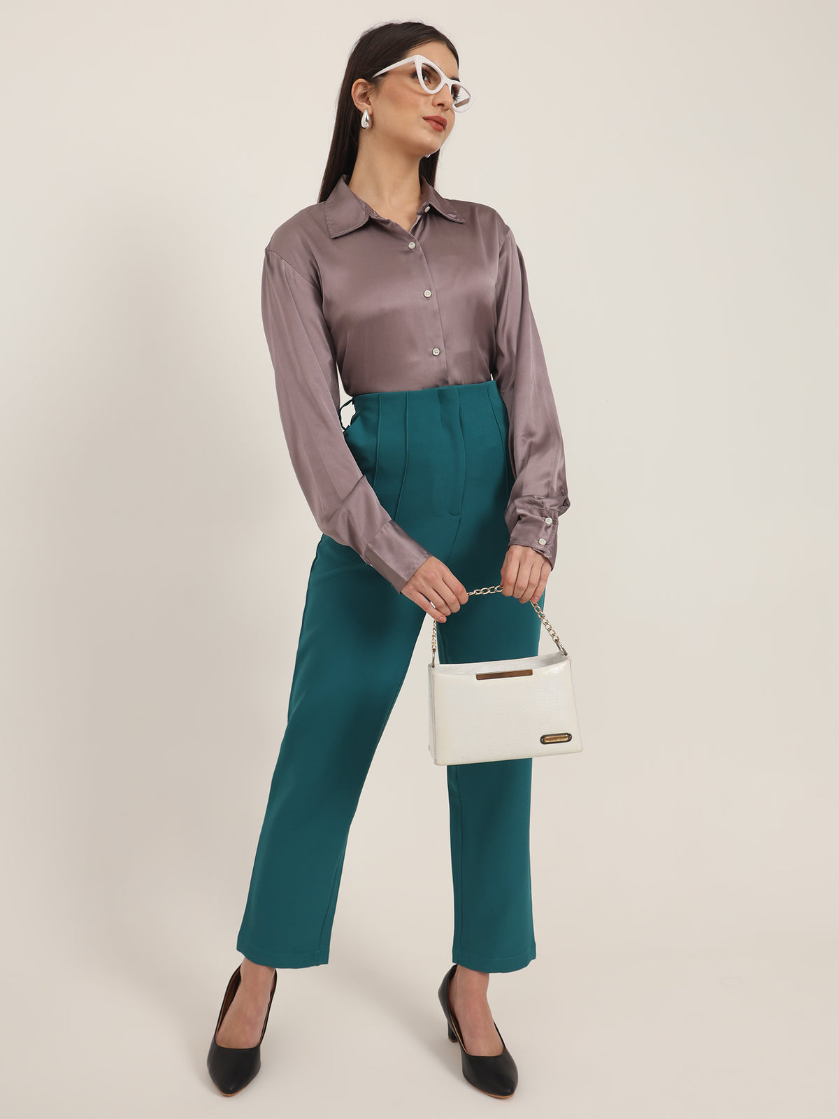 WOMEN'S LUXURY BANANA CREPE TEAL SKIN FIT WITH MULTI PLEATED TROUSER