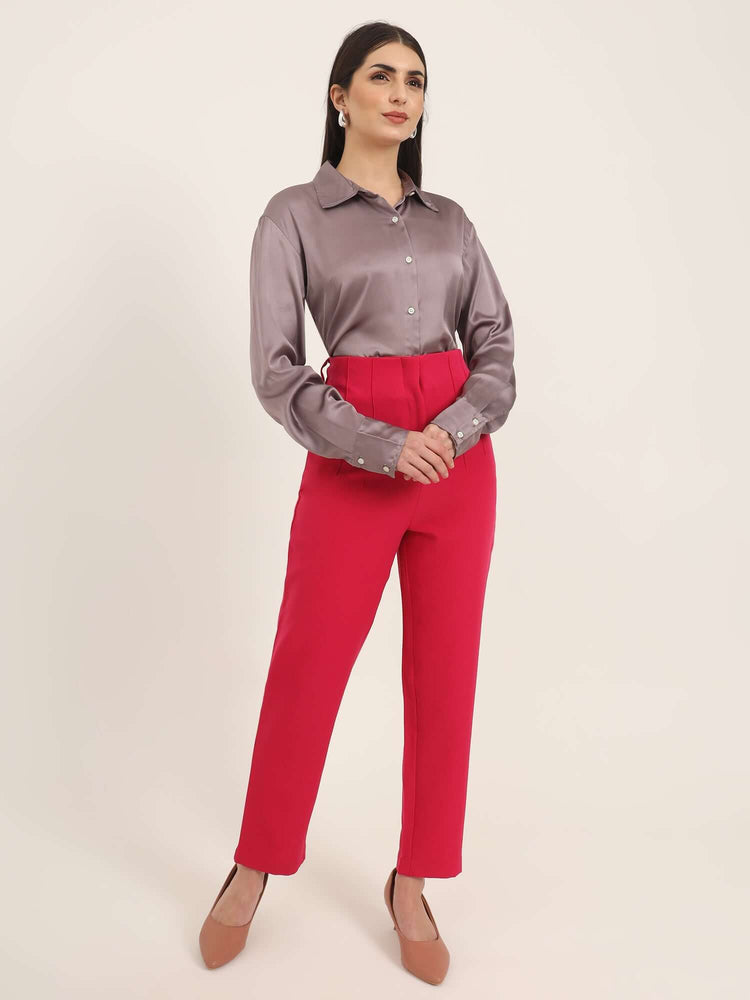 Women'S Luxury Banana Crepe Hibiscus Skin Fit With Multi Pleated Trouser