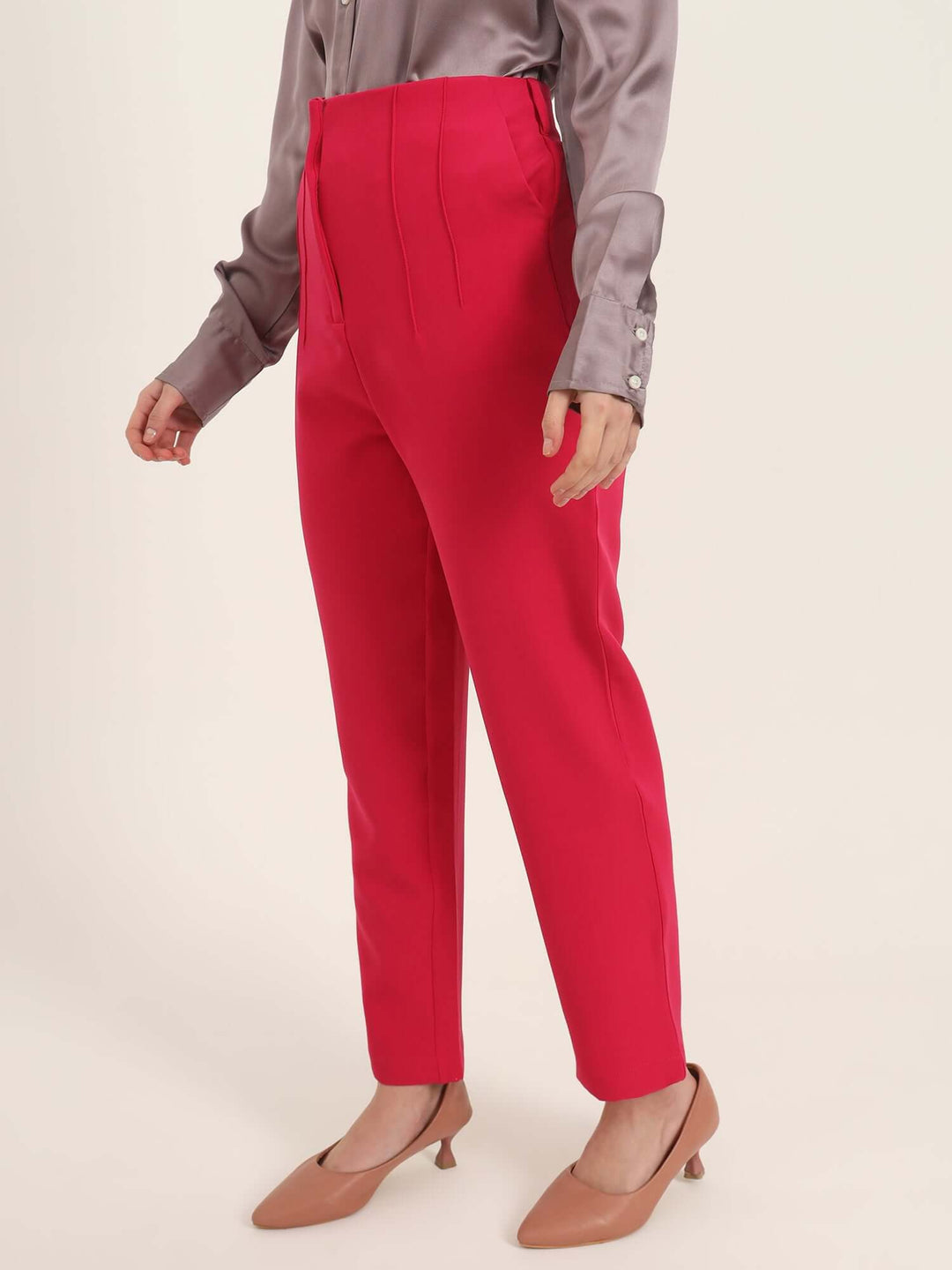 Women'S Luxury Banana Crepe Hibiscus Skin Fit With Multi Pleated Trouser