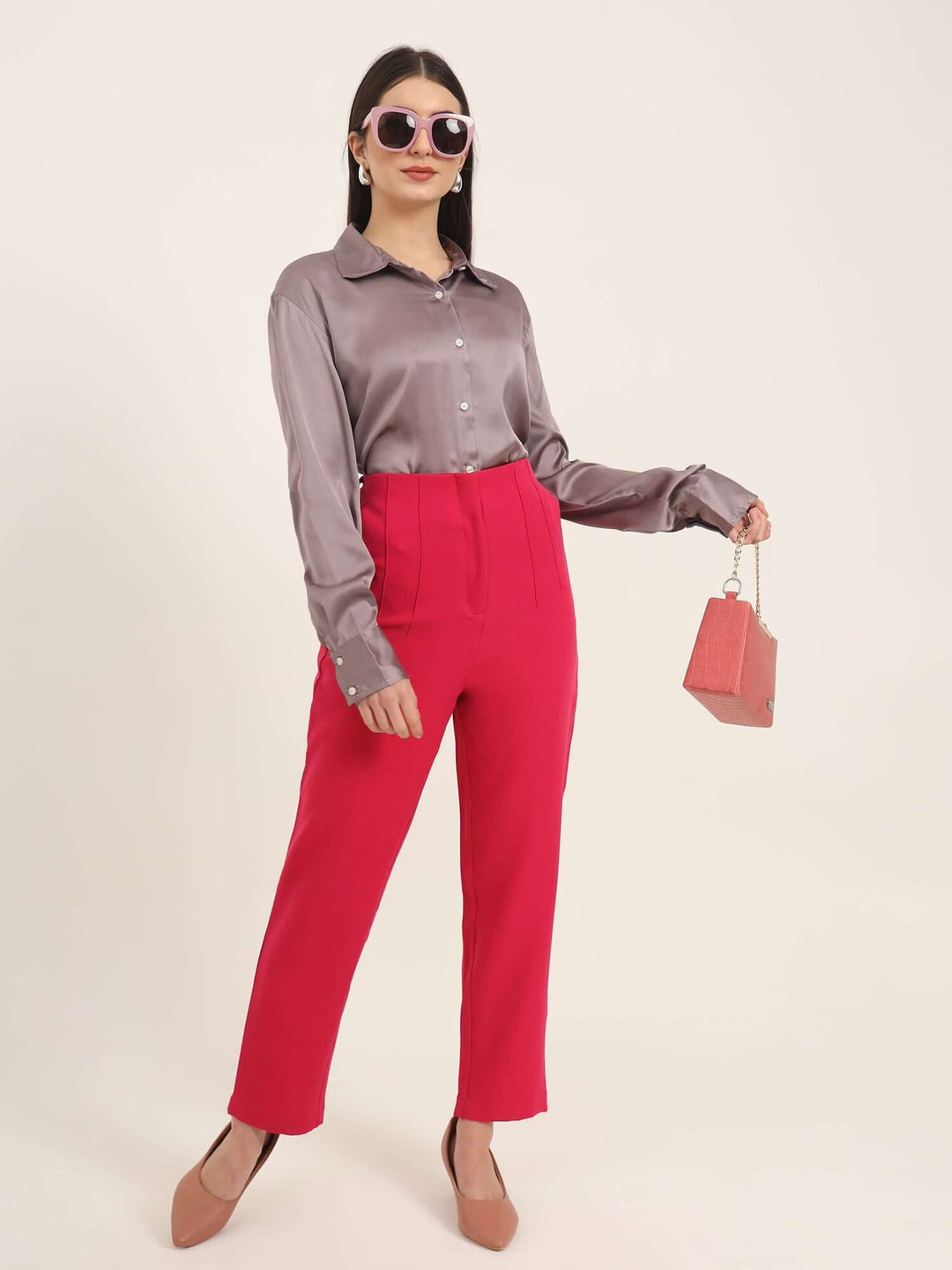 Women'S Luxury Banana Crepe Hibiscus Skin Fit With Multi Pleated Trouser