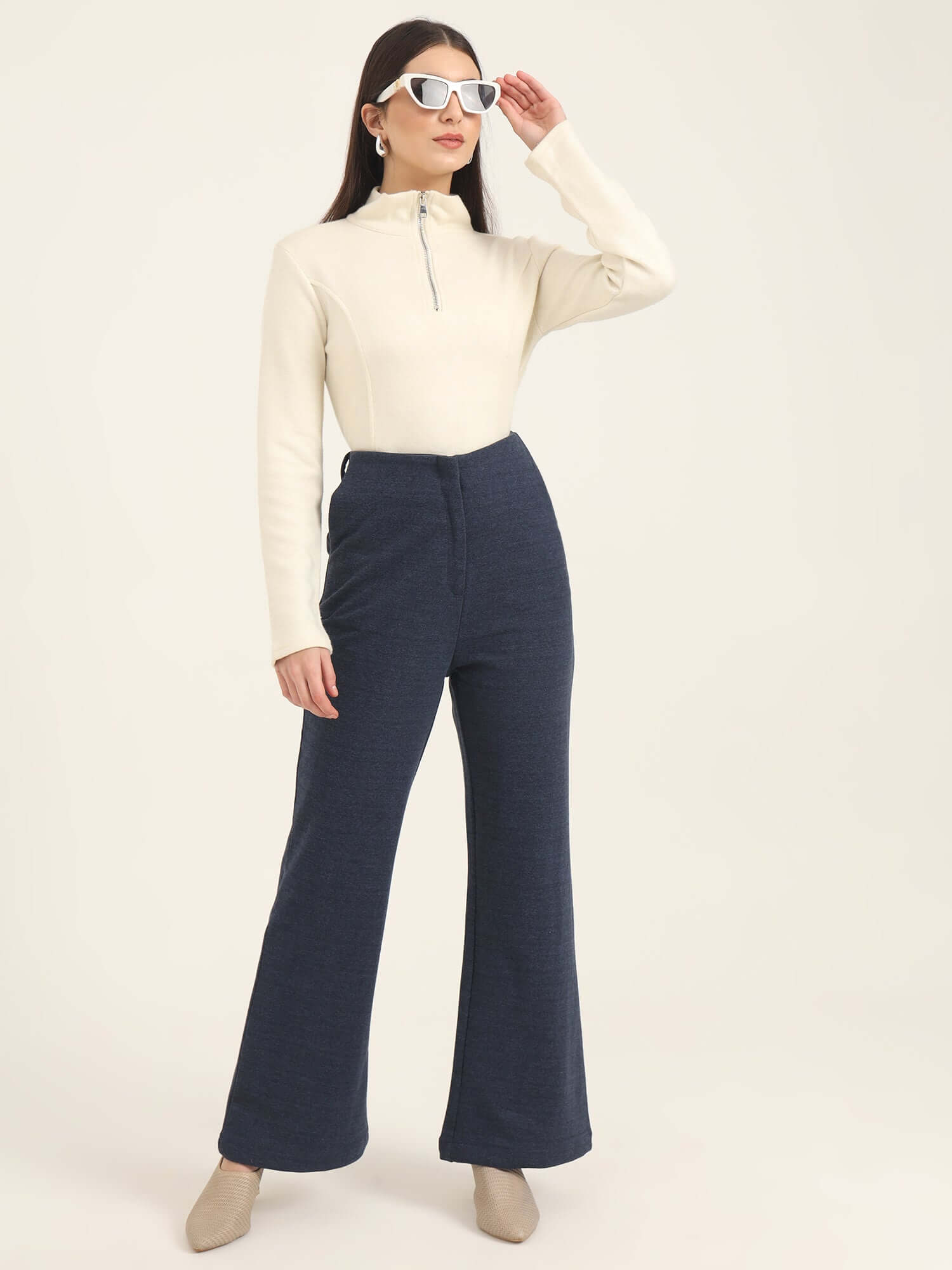 WOMEN'S PREMIUM INDIGO KNIT FLARED TROUSER WITH SLASH POCKET