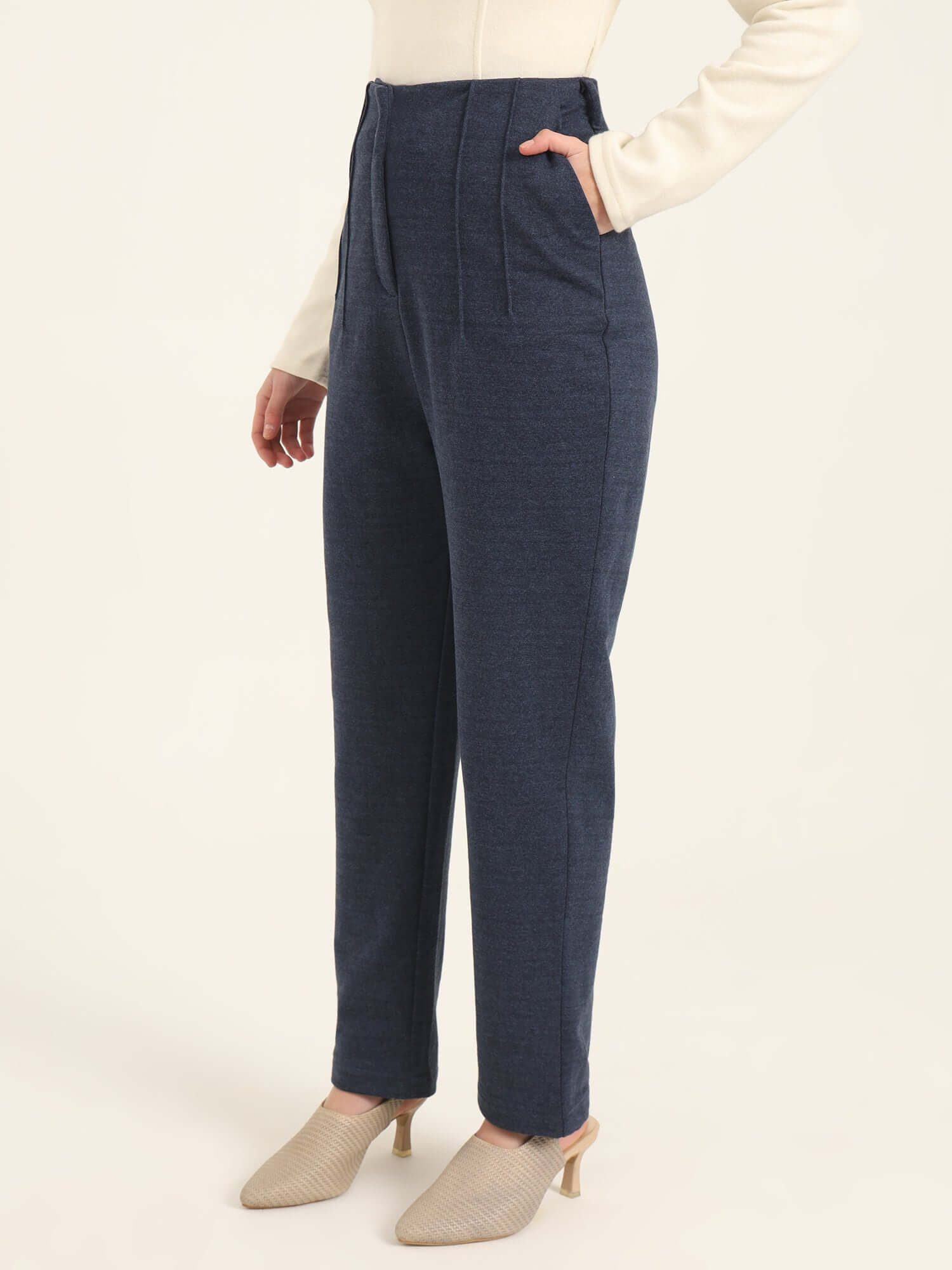 WOMEN'S PREMIUM INDIGO KNIT MULTI PLEATED TROUSER