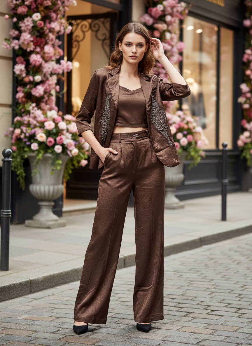 Elegant Brown Satin Blazer Set for Women