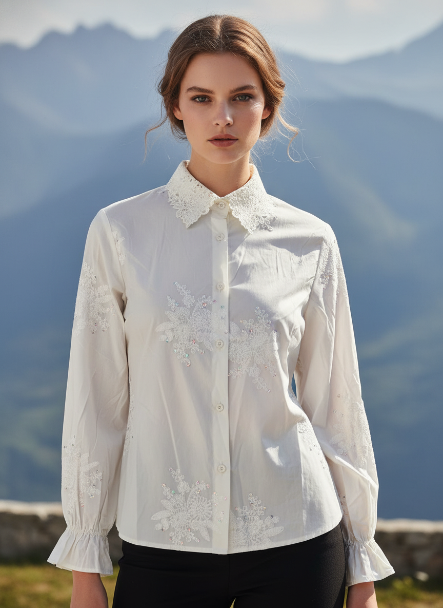White Lace Embroidered Shirt for Women