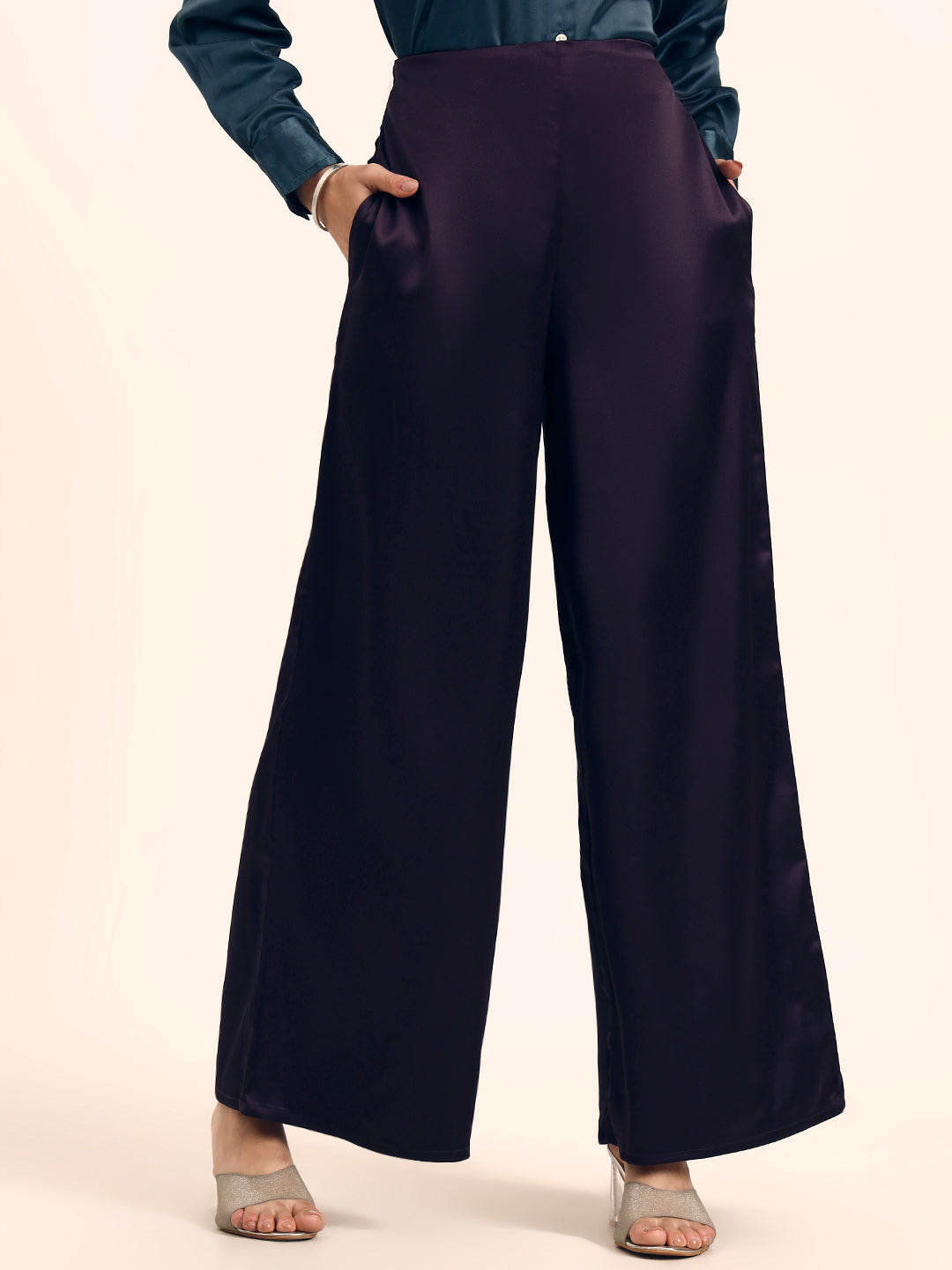 Luxury Satin Wide Leg Pants European Fabric  Plum Wine Glam Look
