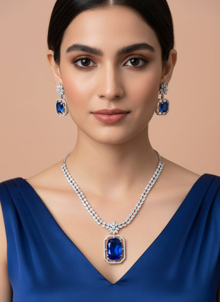 Blue Cubic Zirconia Necklace & Earrings Set for Women