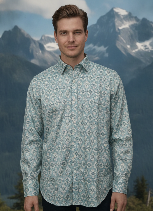 Men'S Poly Satin Lycra Blue Digital Printed Shirt