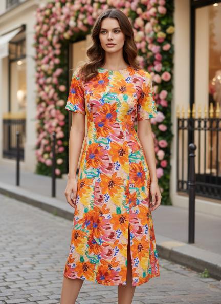 Premium American Crepe Digital Print  Maxi Dress With Slash Pocket