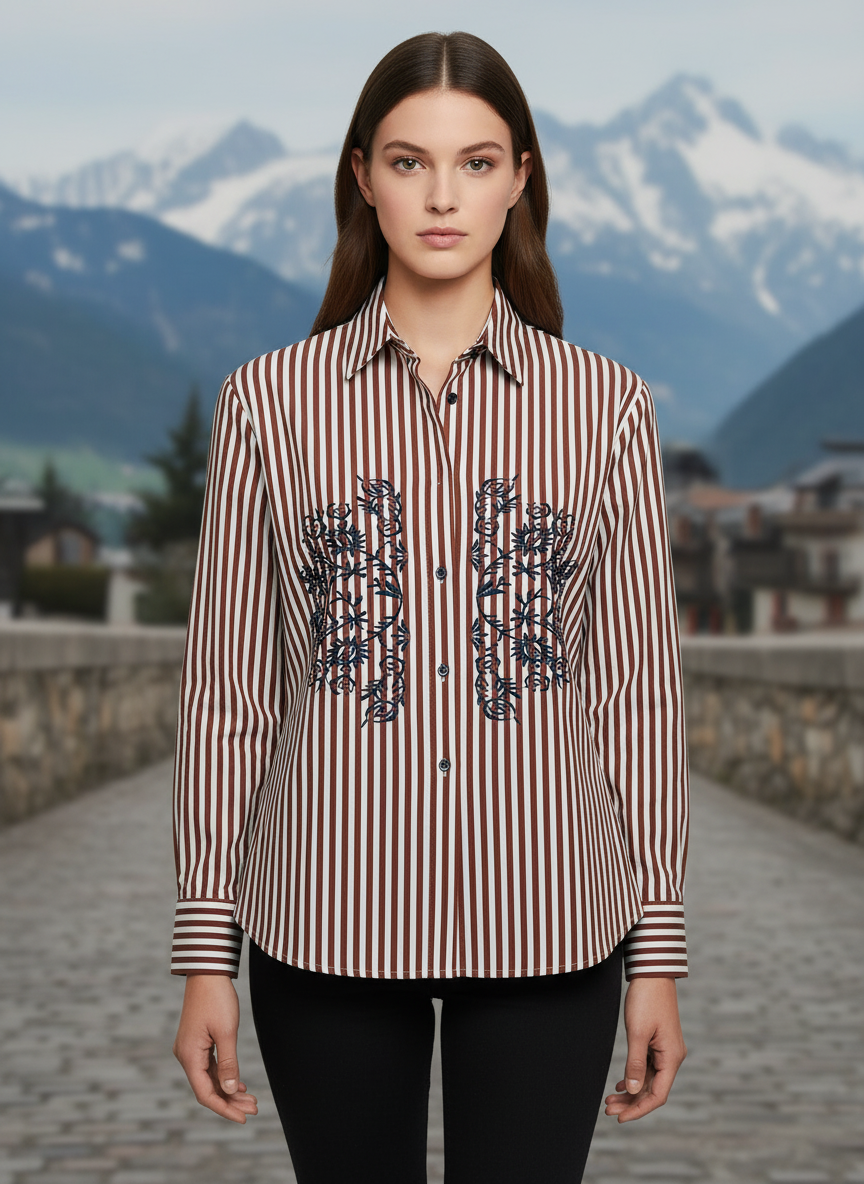 Rust Elegance Striped Floral Embroidered Shirt