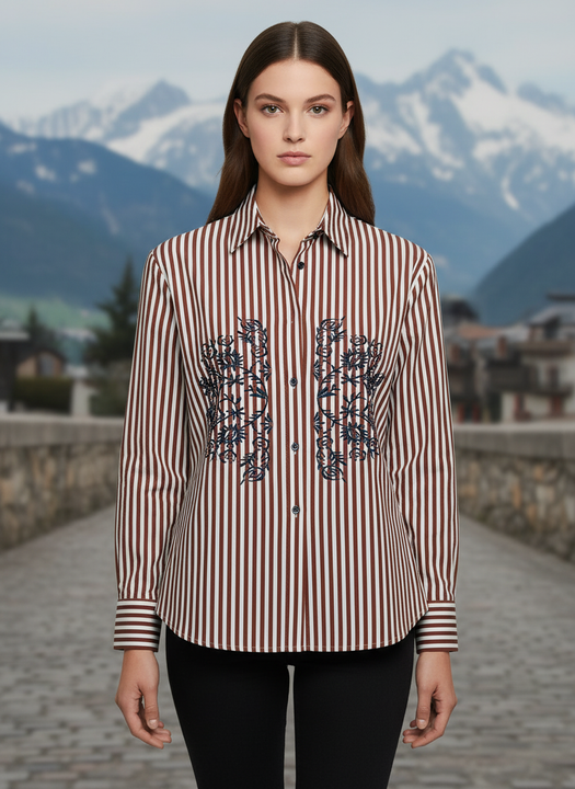 Rust Elegance Striped Floral Embroidered Shirt