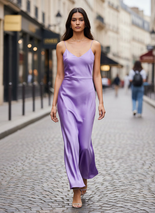 lavender satin midi dress Rhea Purple Satin Strapless Maxi Dress - US 14