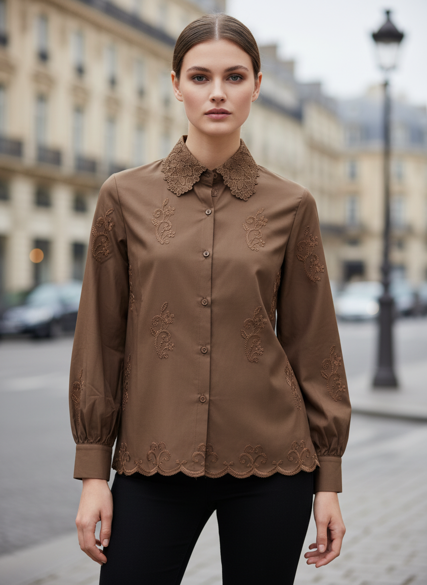 Elegant Brown Embroidered Women’s Shirt