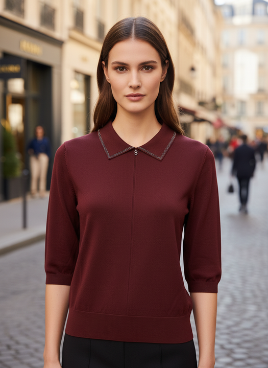 Maroon Knit Top with Embellished Peter Pan Collar