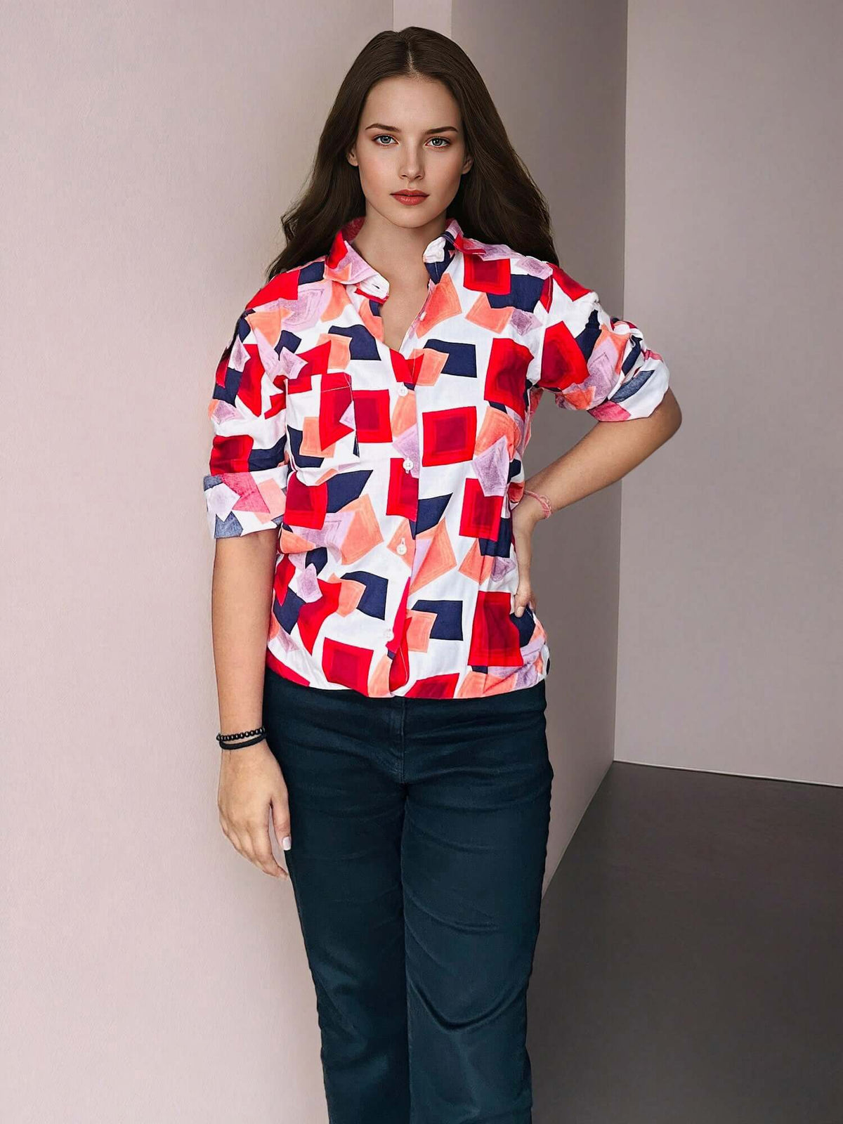 Women's Premium Rayon Shirt With Red And Blue Print