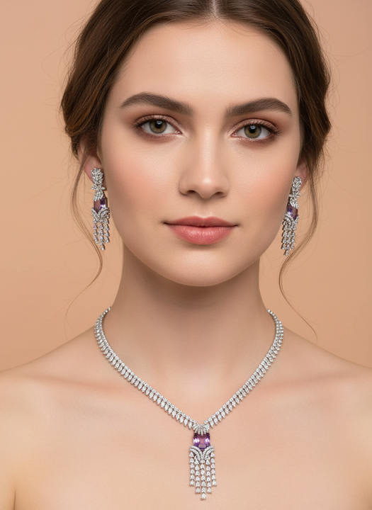Elegant Amethyst Drop Cubic Zirconia Necklace & Earrings Set