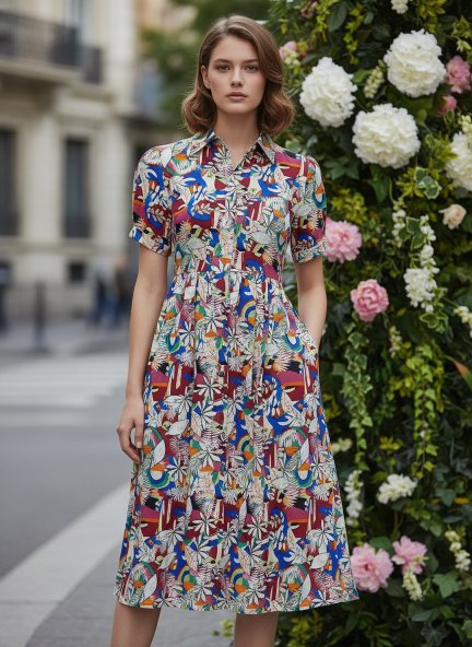 Rayon Printed Puff Sleeve A Line Shirt Dress