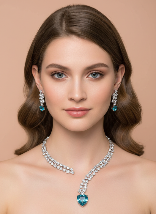 Royal Teal Heart Cubic Zirconia Necklace & Earrings Set
