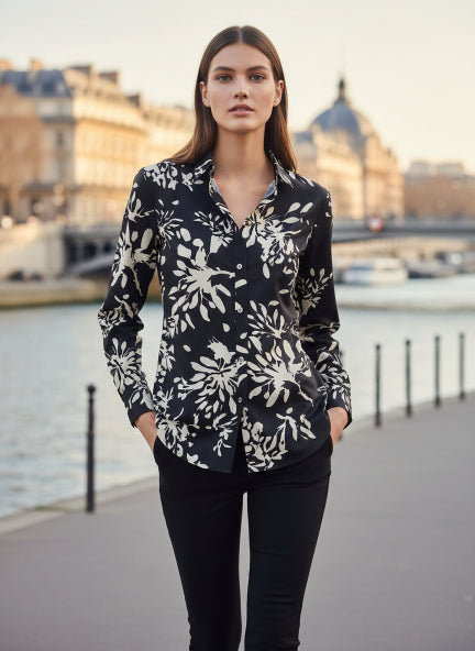 Women'S Premium Rayon Shirt With Navy Floral Print
