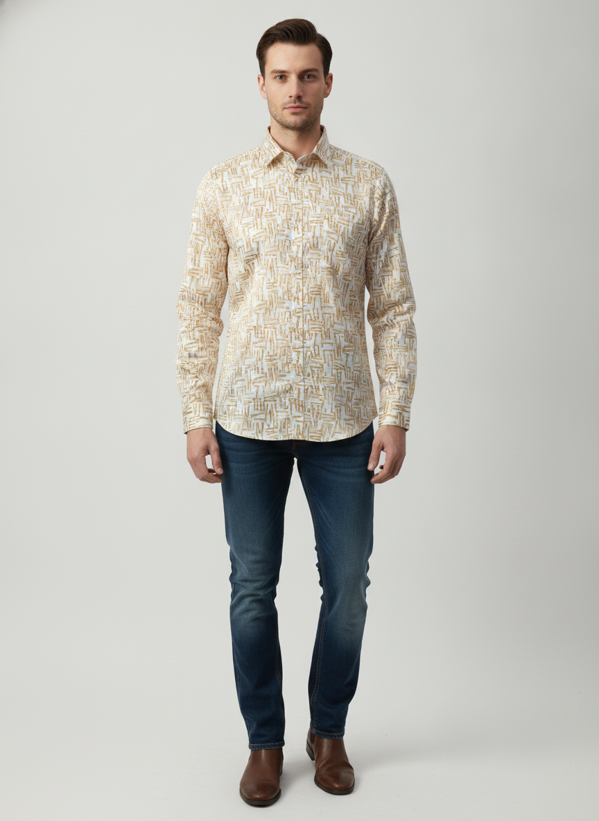 Men'S Poly Satin Lycra Mustard Digital Printed Shirt
