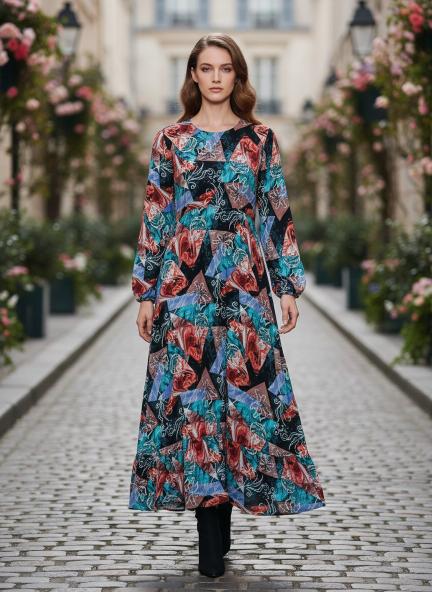 RAYON PRINTED FULL SLEEVE MAXI DRESS AM SWAN RAYON PRINTED FULL SLEEVE MAXI DRESS AM SWAN