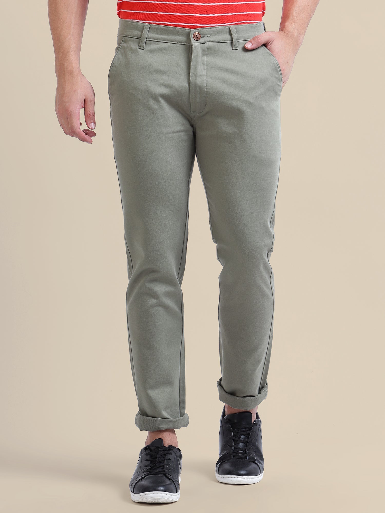 Amswan Men'S Grey Casual Trousers Solid Cotton Lycra Smart Fit