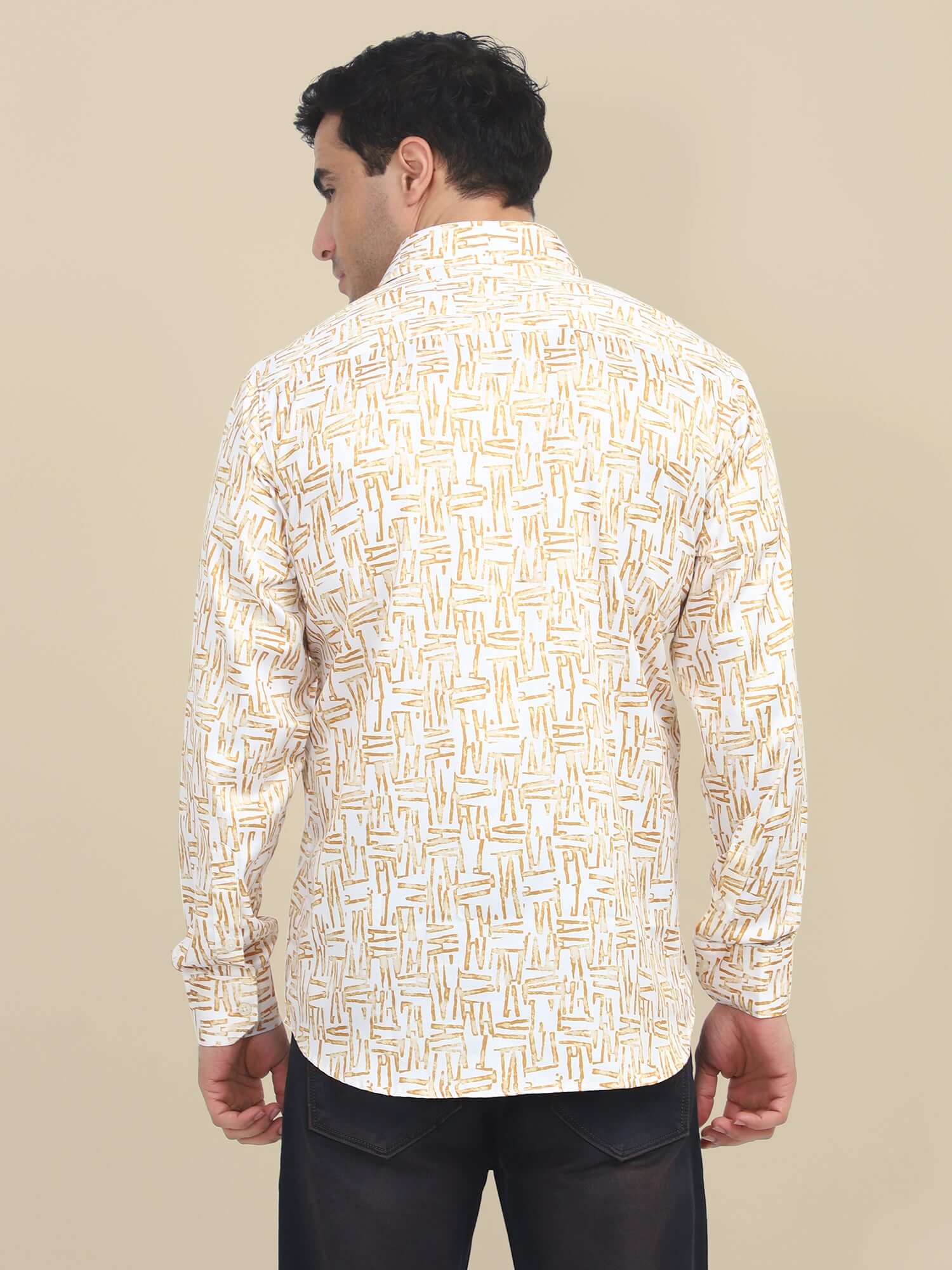 Men'S Poly Satin Lycra Mustard Digital Printed Shirt