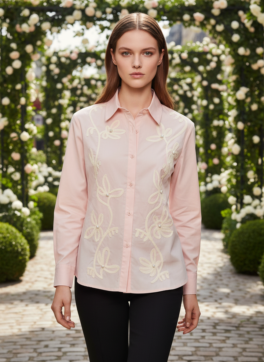 Elegant Blush Pink Floral Embroidered Shirt for Women