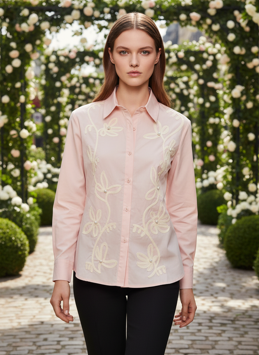 Elegant Blush Pink Floral Embroidered Shirt for Women