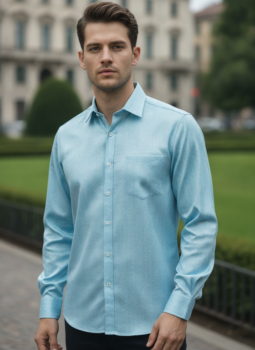 Men'S Poly Satin Lycra Sky Blue Digital Printed Shirt