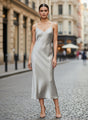 Women's Luxury Satin Silver Grey V-Neck Midi Dress