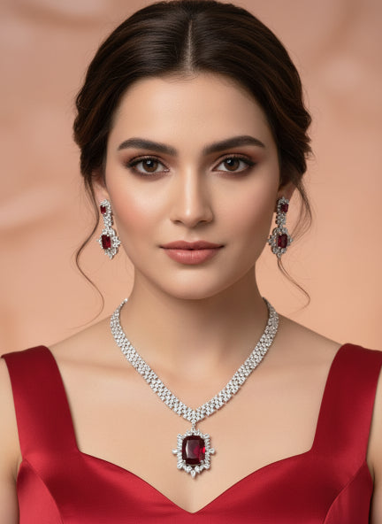 Red Ruby Cubic Zirconia Necklace & Earrings Set for Women