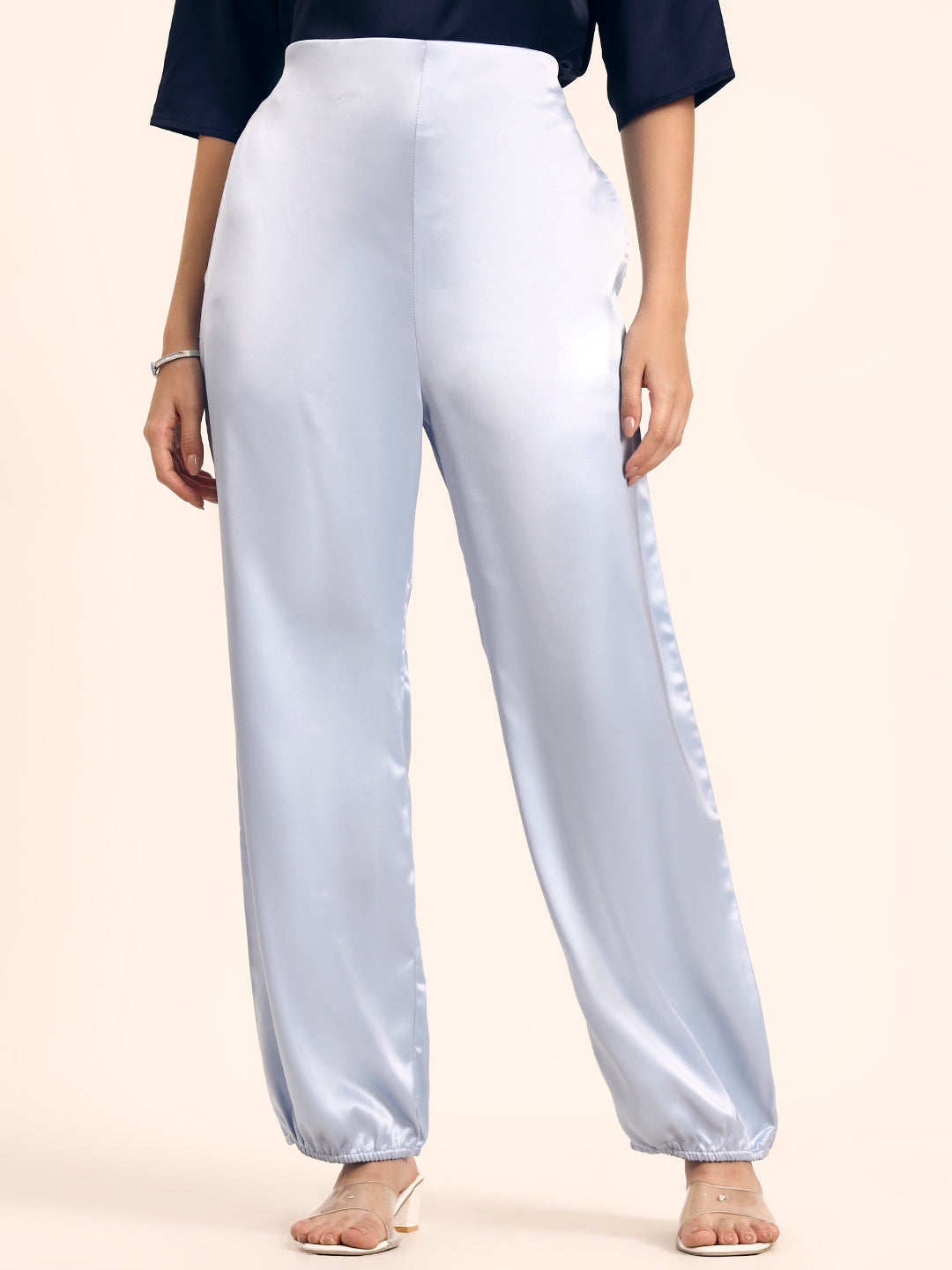 Luxury Satin Wide Leg Pants European Fabric  Ice Blue Glam Look