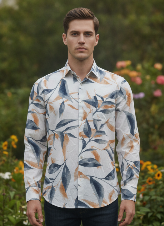 Men'S Premium Rayon Shirt With Blue And Orange Leaf Print
