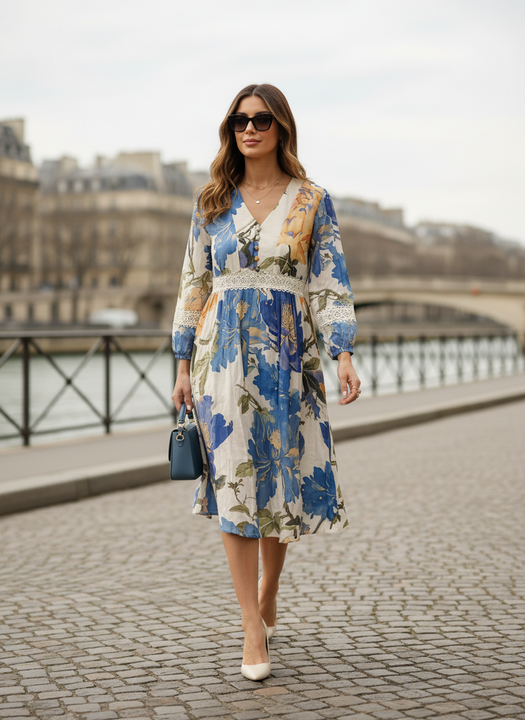 Women’s Floral Printed A-Line Midi Dress with V-Neck & Lace Detail