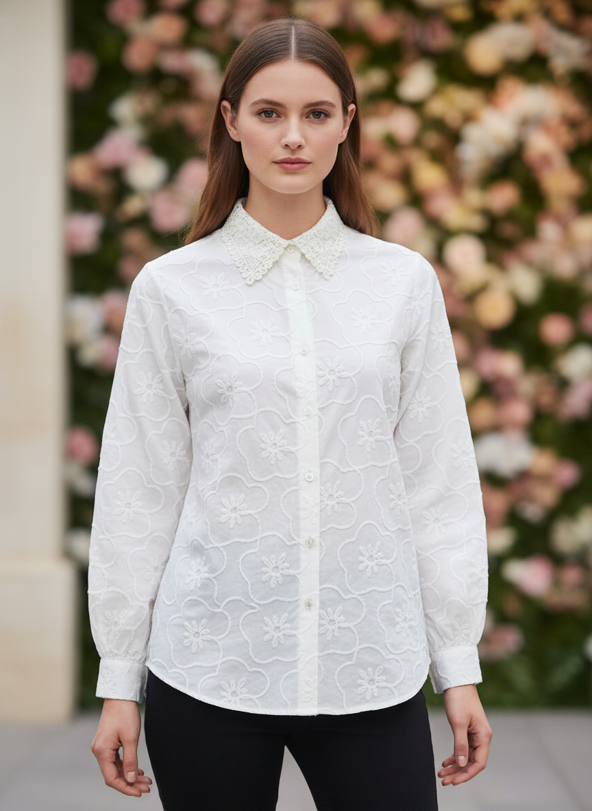 Women’s White Floral Embroidered Shirt with Lace Collar