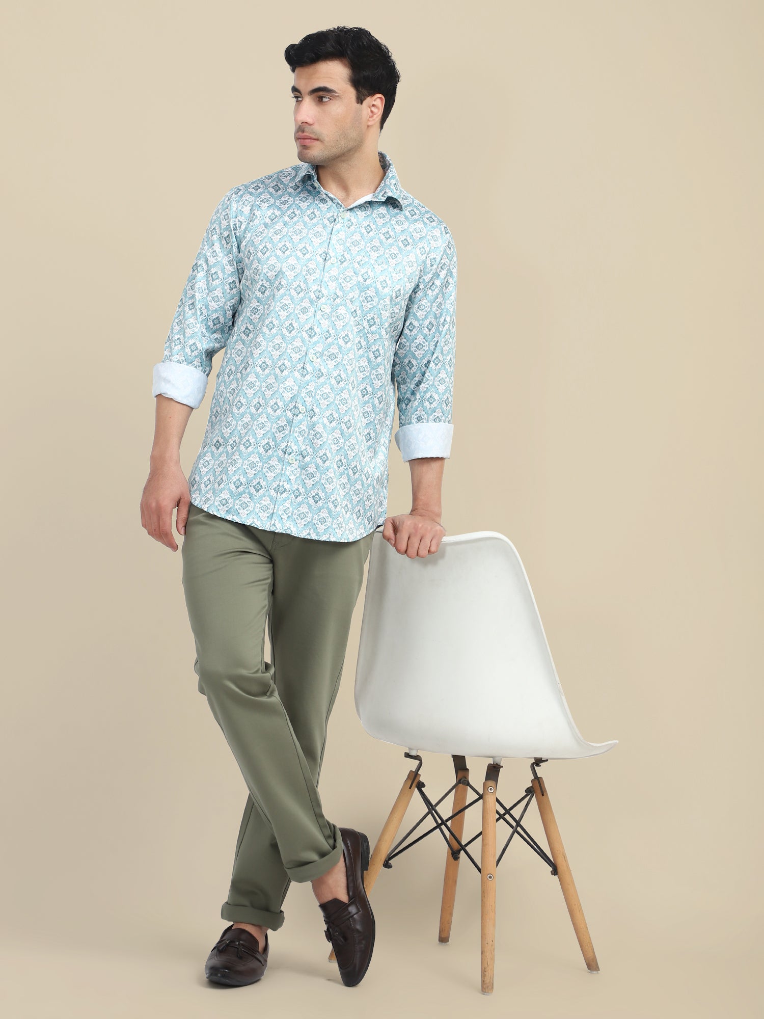 Men's Poly Satin Lycra Blue Digital Printed Shirt