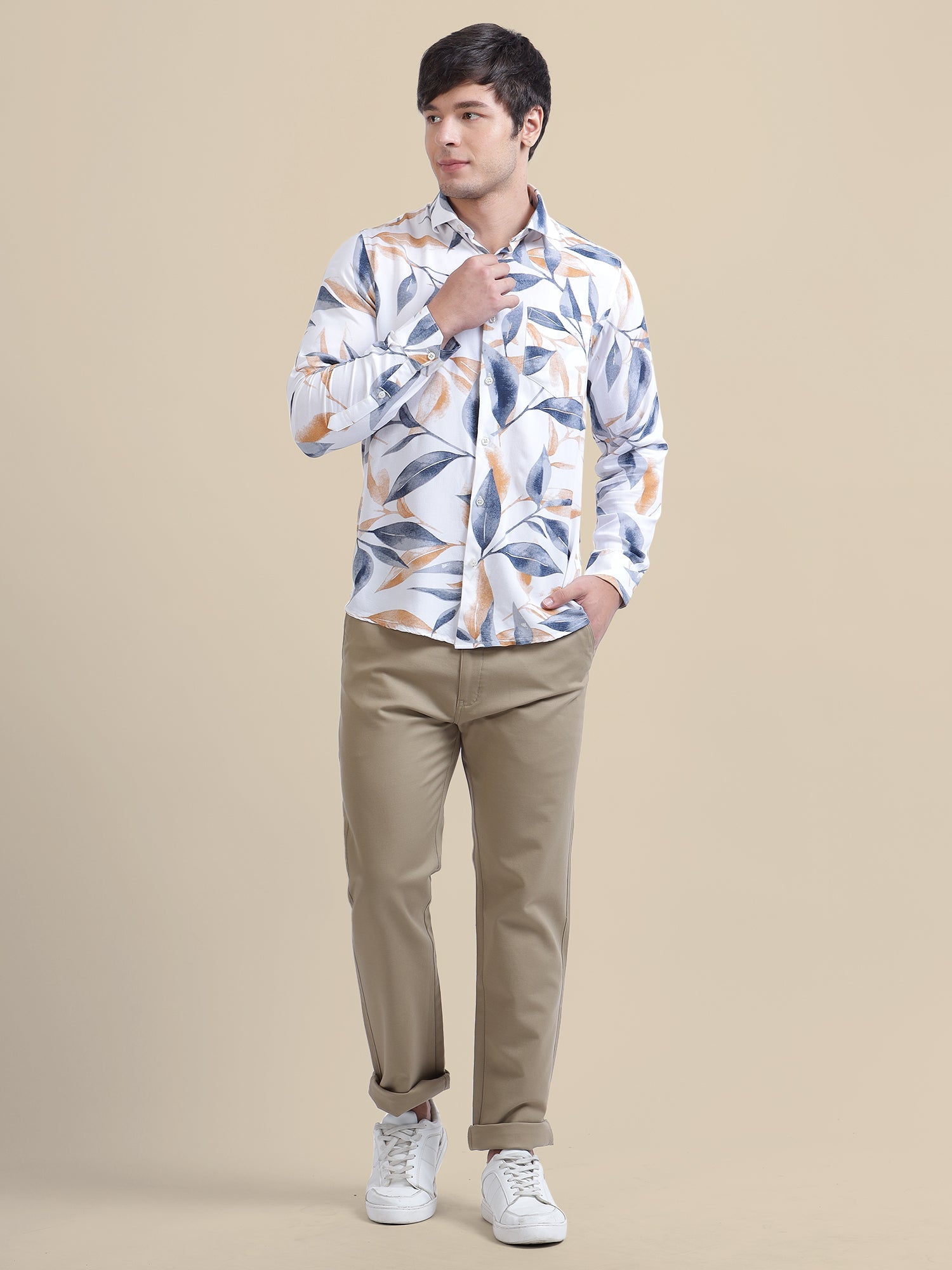 Khaki Casual Trousers Solid Cotton Lycra Smart Fit