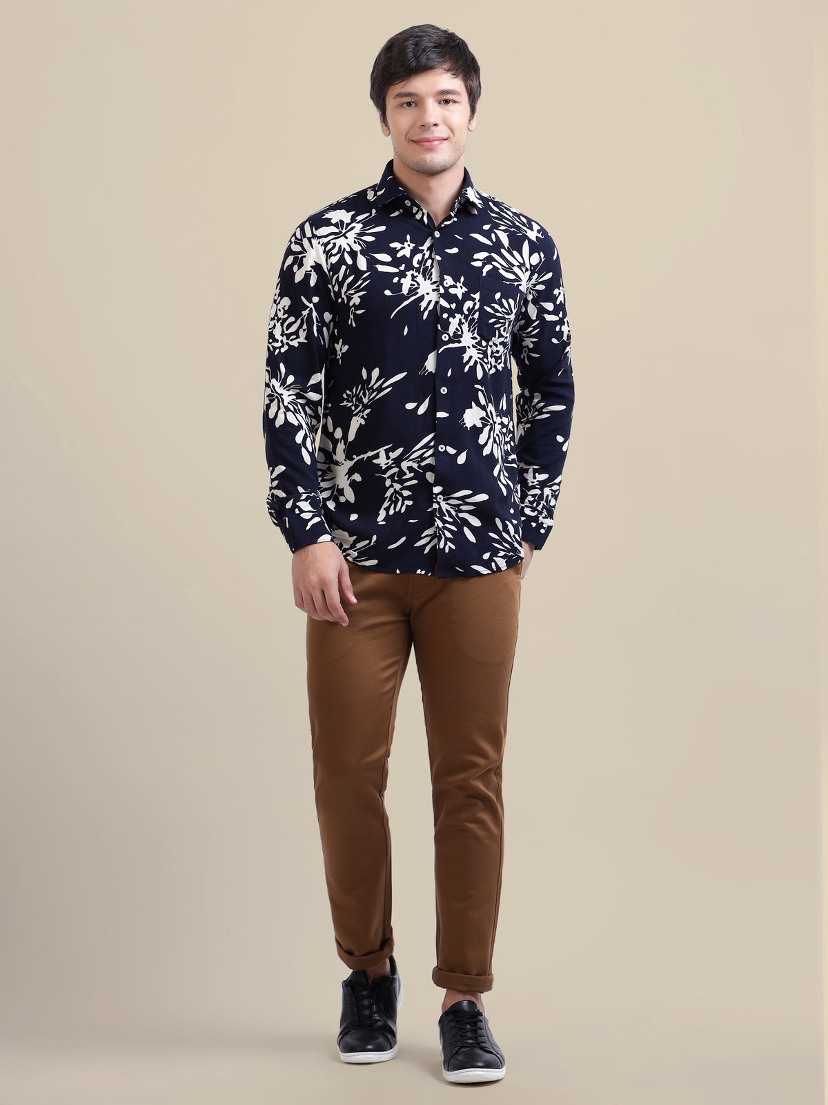 AMSWAN MEN'S PREMIUM RAYON SHIRT WITH NAVY FLORAL PRINT