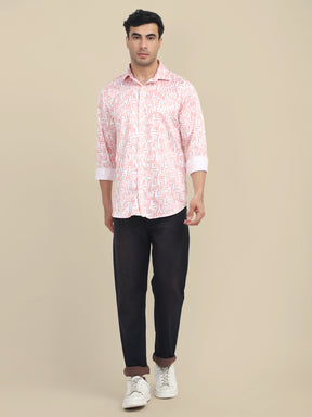 Men's Poly Satin Lycra Orange Digital Printed Shirt