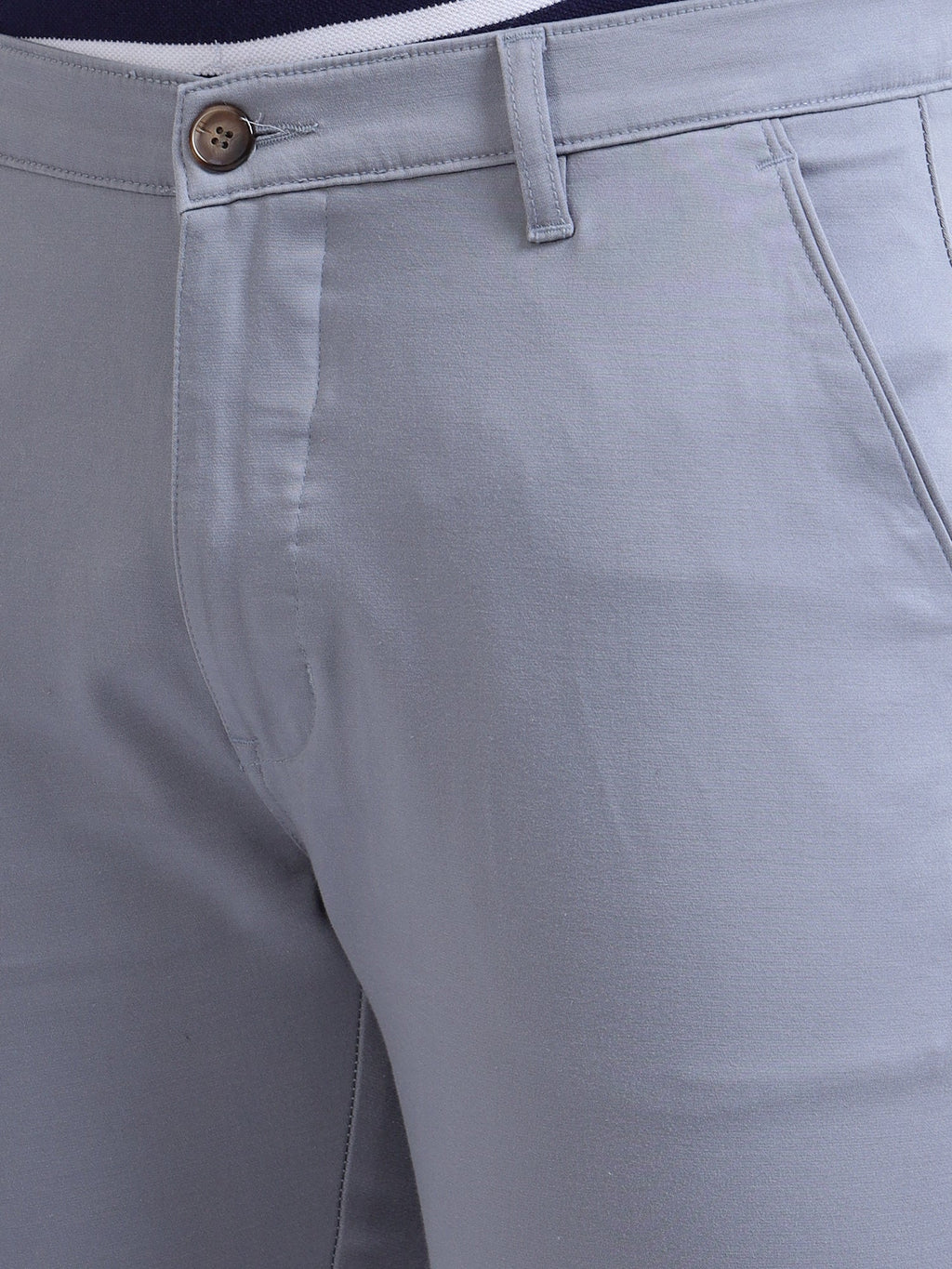 Light Blue Casual Trousers Solid Cotton Lycra Smart Fit