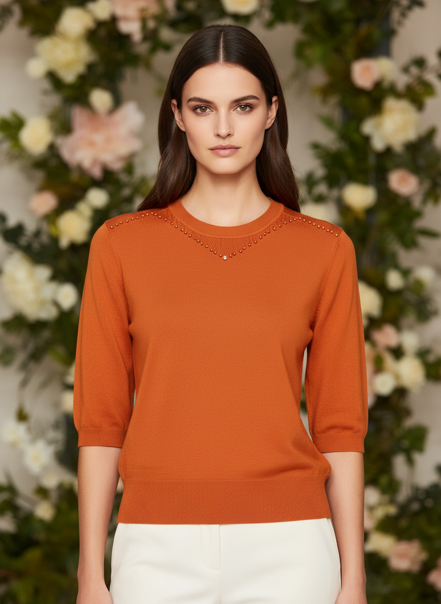 Burnt Orange Beaded Neck Knit Top