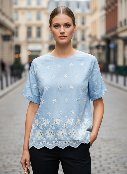 Women's Light Blue Floral Embroidered Cotton Top