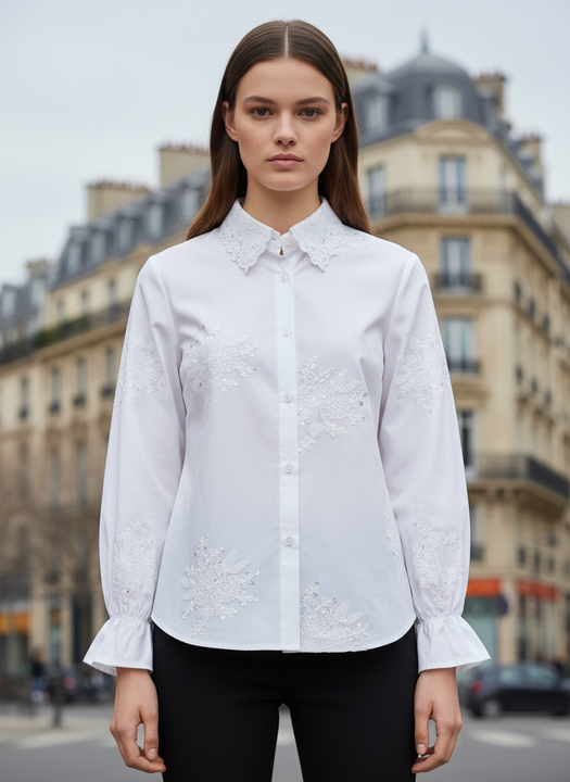 Women’s Elegant White Embroidered Shirt with Lace Collar