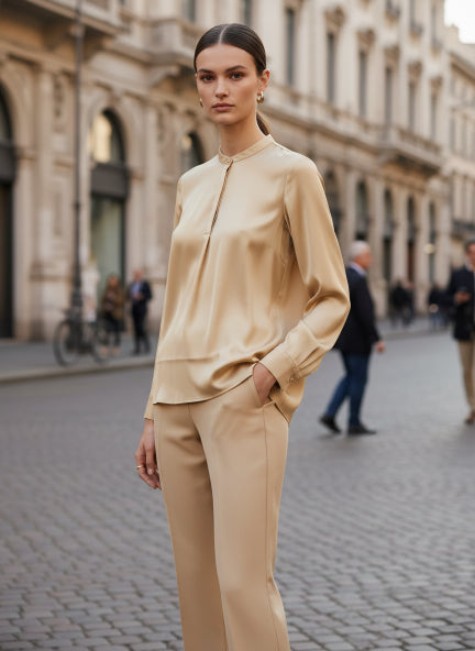 Summer Satin Gold Front Pleated Tunic